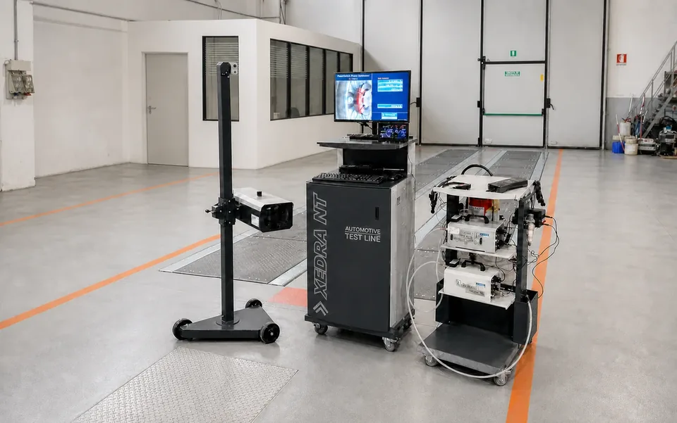 Consolle, analizzatori e centrafari davanti a una linea provafreni a piastre