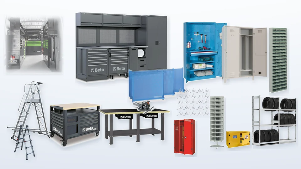 Arredamento completo per officina con banchi, carrelli, armadi, pannelli portautensili, spogliatoio, scaffali, scala, soppalco e officina viaggiante