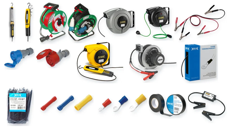 Materiale elettrico per officina con lampade, avvolgicavo, gruppo con trasformatore e cavi batteria ZECA, prolunghe e prese industriali blu e rosse Sicutool, guaina termorestringente, fascette, nastro isolante, connettori lineari e terminali ad occhiello Beta BM