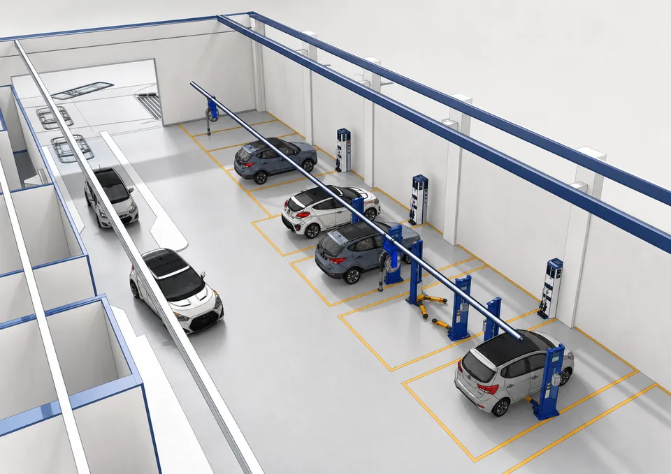 Layout 3D di un'officina progettata da EFRA