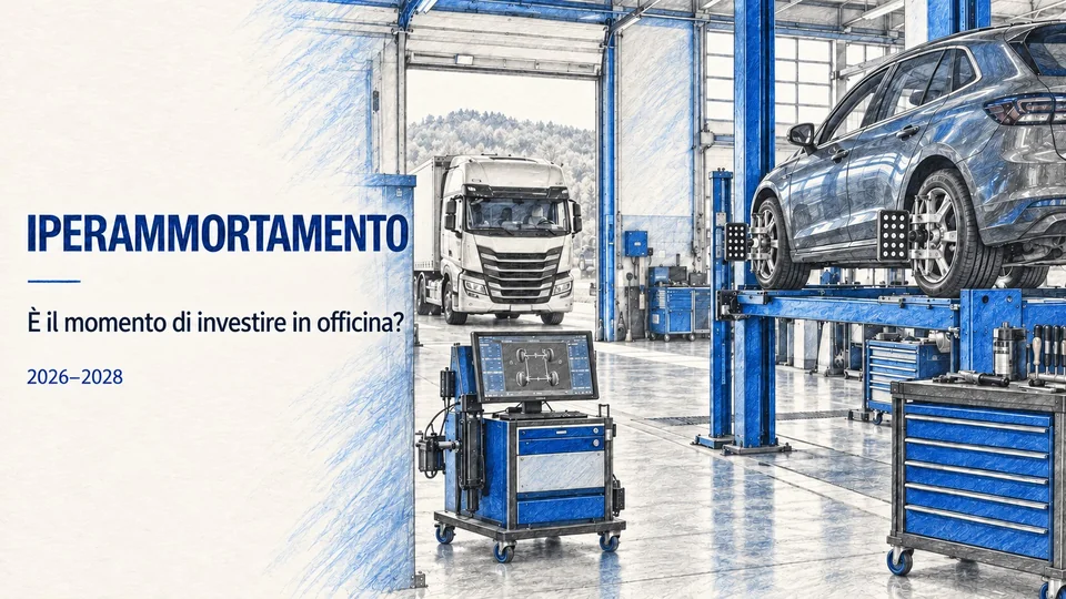 Iperammortamento 2026–2028: è il momento di investire in officina? Officina auto e truck disegnata a matita blu.