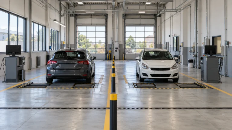 Due aree di controllo per autovetture separate all’interno di un capannone.
