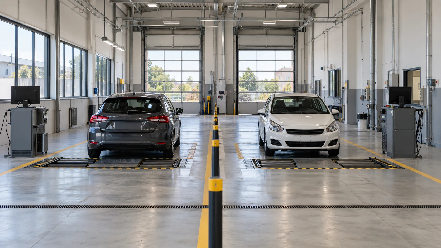 Due aree di controllo per autovetture separate all’interno di un capannone.