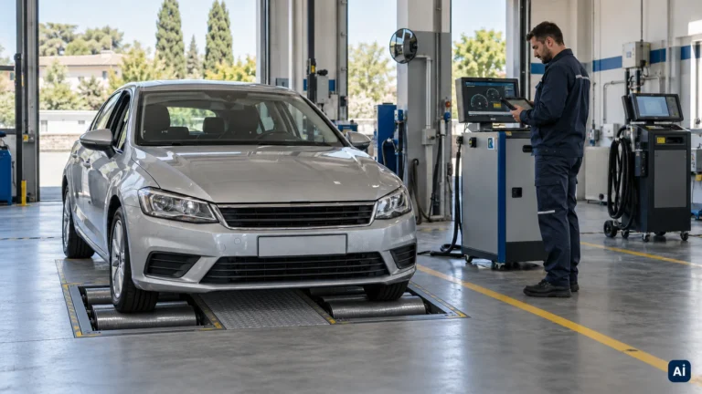Tecnico e autovettura su banco prova freni a due rulli per ruota; immagine illustrativa generata con AI.